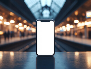 Blank smartphone screen standing in the train station