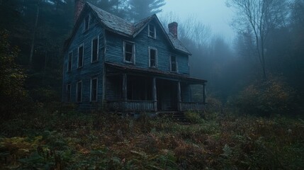 Obraz premium Ghostly old house in a forest at night (abandoned haunted house) --ar 16:9 --style raw --stylize 250 --v 6.1 Job ID: a0e67df9-a549-47f7-87bb-937627210c0b