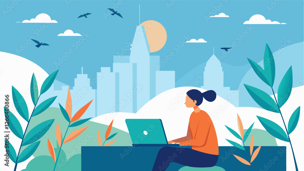 Poster with a view of the sky above and the city below the freelancer works on a client project ast the gen
