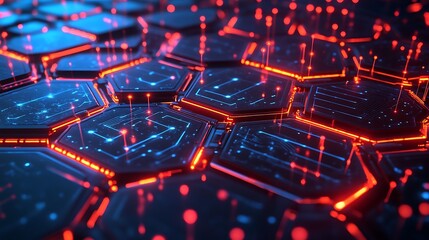 Futuristic hexagonal circuit board with glowing red and blue lights, digital technology background

