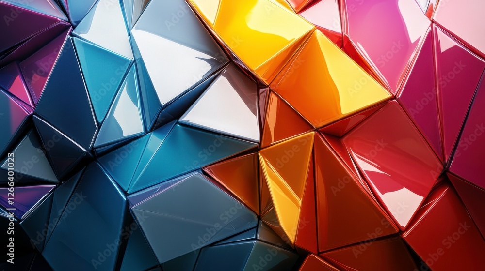 Poster a vibrant abstract pattern of colorful, shiny, geometric shapes, creating a dynamic interplay of lig