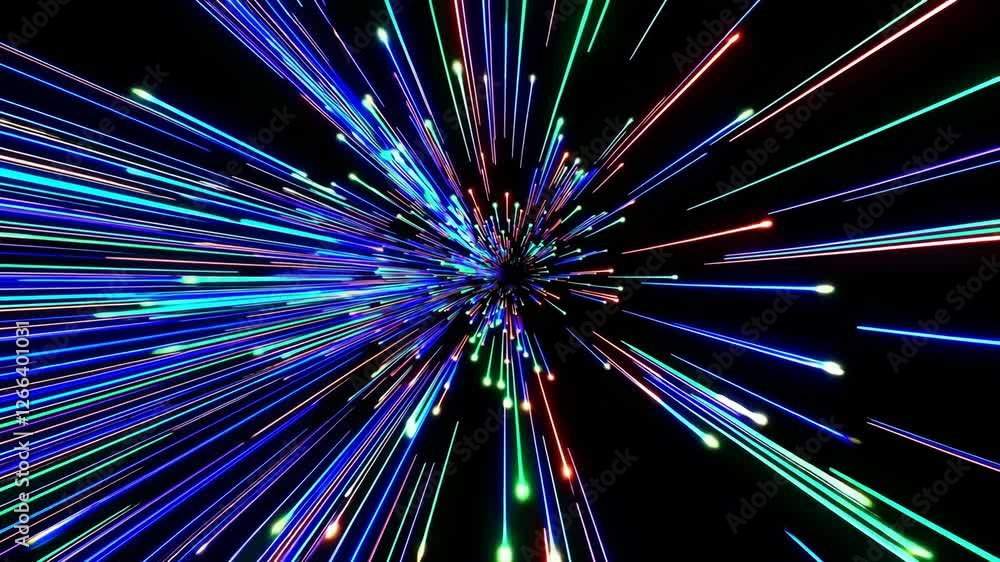 Poster colorful abstract light burst on black background, motion blur effect. futuristic and dynamic concep