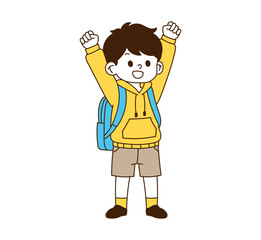 a child student holding a school bag and hooray.