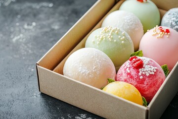 Delicious sweet colorful mochi desserts or ice cream with rice dough and toppings in a cardboard box on  with generative ai