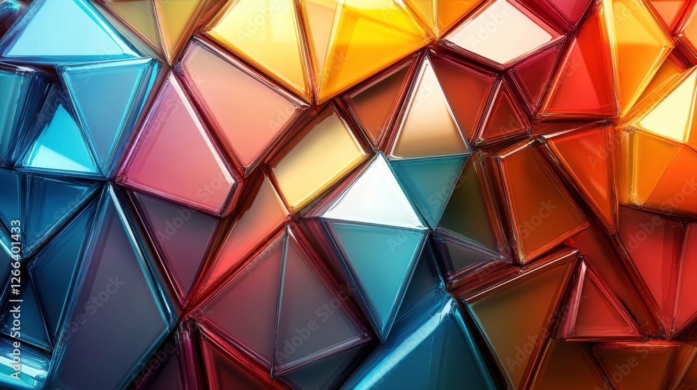 Poster a vibrant, abstract composition of colorful, shiny triangular shapes arranged in a dynamic pattern.