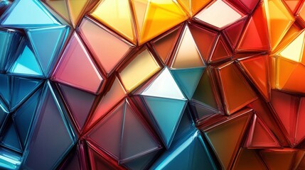A vibrant, abstract composition of colorful, shiny triangular shapes arranged in a dynamic pattern.