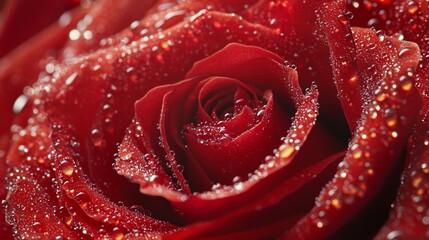 Captivating close-up of a red rose with dew drops sparkling, symbolizing love and passion in nature's finest form. 