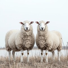 Obraz premium Two Charming Sheep Standing in a Field of Tall Grass Surrounded by a Picturesque Countryside