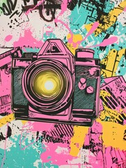 Fototapeta premium Camera Graffiti Art: An artistic and vibrant image of a camera is spray-painted with graffiti art, creating a visually engaging design. It's a fusion of technology and street art