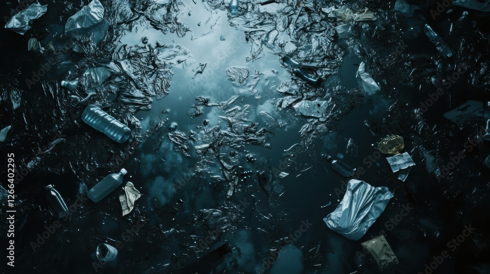 Poster Floating plastic waste covers ocean surface creating an unsettling view of pollution in the water. Generative AI