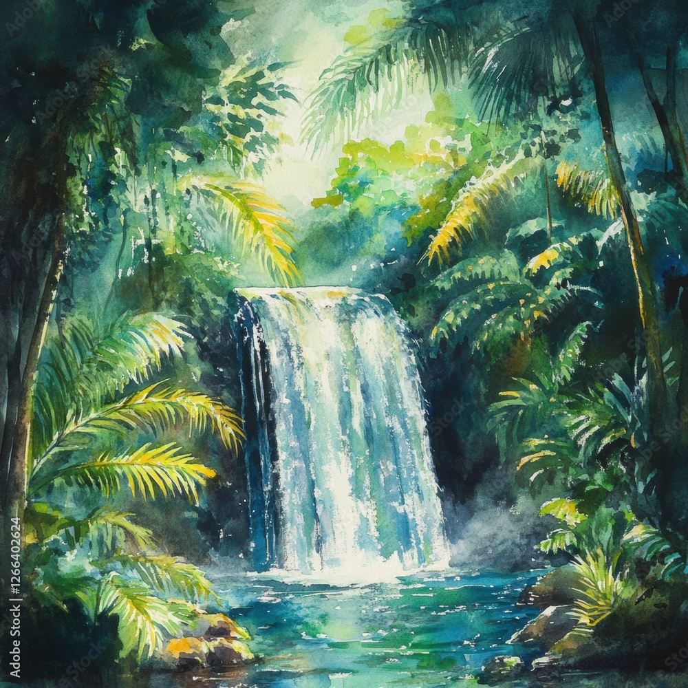Aufkleber lush tropical waterfall surrounded by vibrant foliage in a serene jungle setting during daylight hou
