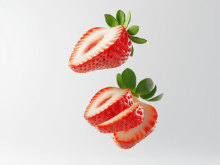 Dynamic and Vibrant Floating Sliced Strawberries with Fresh Green Leaves in Mid-Air Capturing the Essence of Freshness and Juiciness