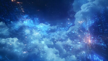 Futuristic cityscape projected on night clouds