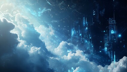 Futuristic city skyline overlaid on clouds at night