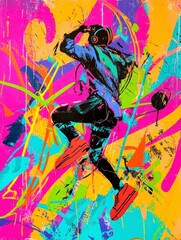 Energetic Beat: A dynamic figure, headphones on, immersed in the rhythm and movement, surrounded by vibrant, energetic colors.