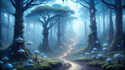 Fototapeta premium Enchanted Forest Path Luminescent Fungi and Glowing Trees Line a Mystical Stream