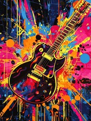 Obraz premium Electric Guitar Abstract Art: A vibrant and dynamic artwork featuring an electric guitar, brought to life with bold colors and a burst of abstract expression.