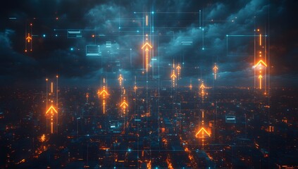 Night city, rising arrows, tech background, urban growth