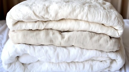 Stacked bedding, neutral tones, bedroom