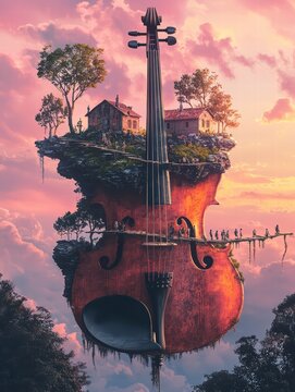 Fantasy Violin Island: A surreal, captivating image of a colossal violin floating among the clouds, with a miniature village nestled on its surface, creating a whimsical scene.