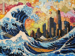 The Urban Wave: A stunning and imaginative artwork blends the iconic image of a powerful wave with a modern cityscape, creating a vibrant and captivating scene. The wave crashes in the foreground.