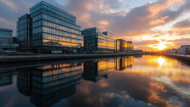 Dublin city skyline at sunset reflecting on the river - Powered by Adobe