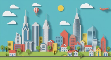 "Vibrant Horizons: Playful Cityscape with Hot Air Balloons and Skyscrapers"