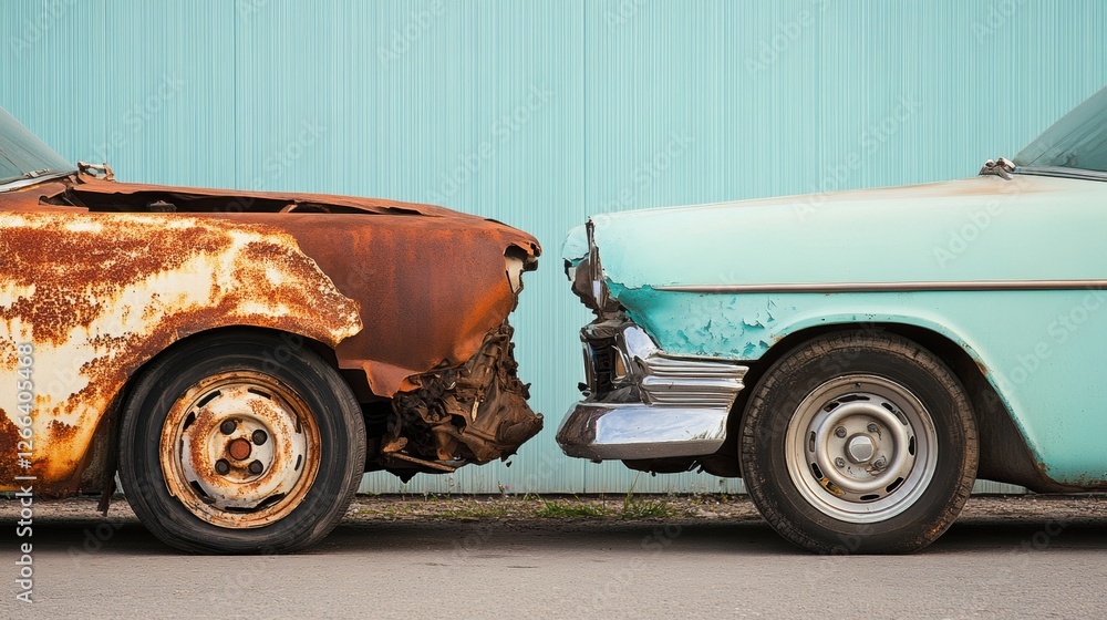 Poster view of a dented rusted car alongside a perfectly repaired car showing restoration contrast in a gar