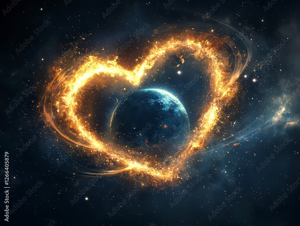 Aufkleber cosmic embrace: earth nestled within a fiery heart formed by celestial energies in a visually captiv