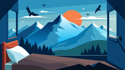 Naklejka premium Waking up to the sound of birds chirping and a stunning view of snowcapped peaks. Vector illustration