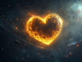 Obraz premium Celestial Heart: A fiery heart-shaped celestial body radiates in the vast expanse of space, hinting at cosmic love and universal connection.