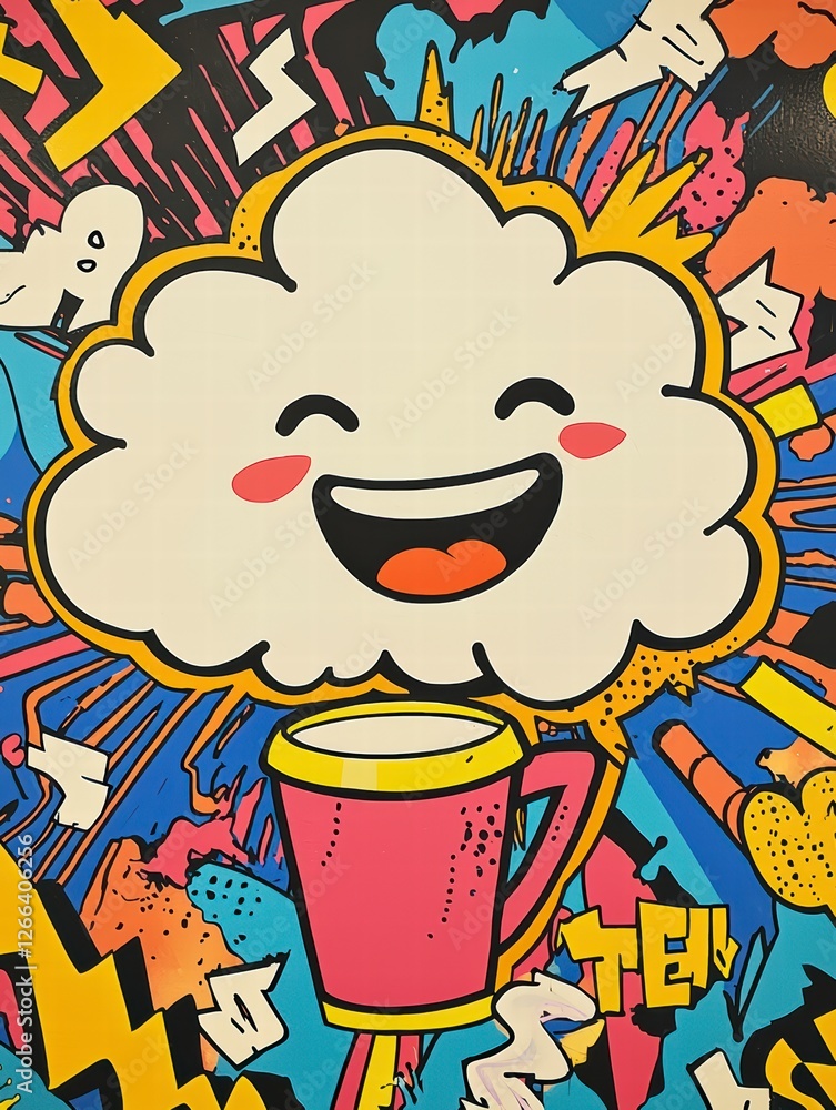 Poster happy cloud with a cup: whimsical illustration of a smiling cloud with rosy cheeks hovering over a s
