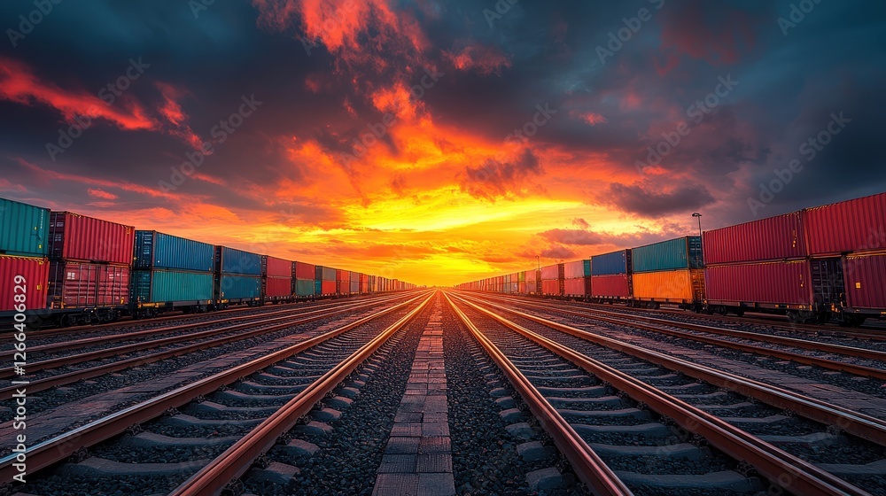 Poster sunset over railway tracks lined with colorful shipping containers, creating a vibrant horizon