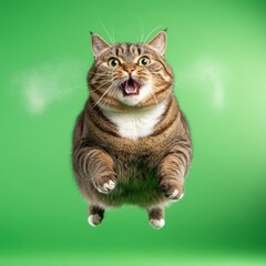Obraz premium Playful Cat Leaping with Excitement Against Bright Green Background