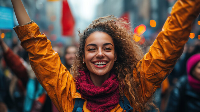 Women participating in a charity walk, holding banners and cheering each other on - Powered by Adobe