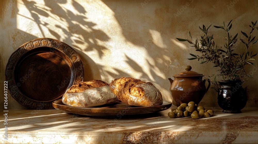 Poster freshly baked bread on a rustic table with olives and pottery, illuminated by soft shadows