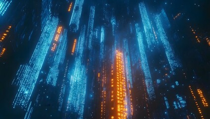 Digital city, glowing vertical data streams, futuristic,  night