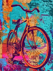 Artistic Bike: An old bike leaning against a colorful wall in vibrant art, blending urban style with the charm of retro design.