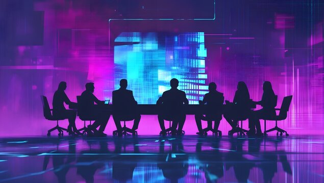 Futuristic meeting, silhouettes, tech, neon glow - Powered by Adobe