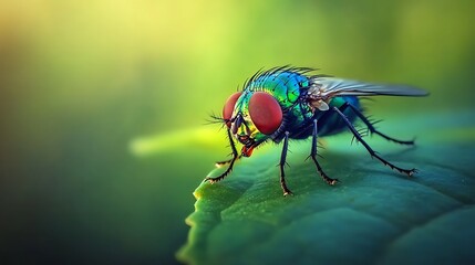 Naklejka premium Close-Up of Colorful Fly on Green Leaf in Nature 