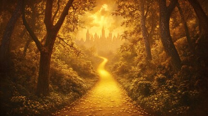 Obraz premium Enchanted Pathway Through Golden Forest Leading to Distant Castle