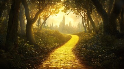 Obraz premium Enchanted Forest Path Leading to a Mysterious Castle in Sunlight