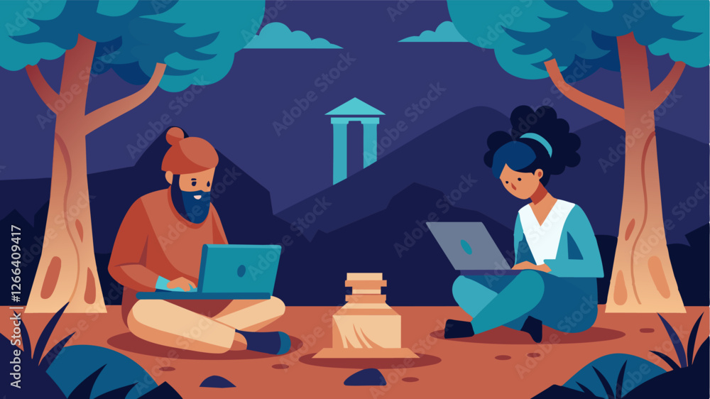Poster two archaeologists sit beneath the shade of a tree armed with laptops and research materials as they