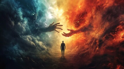 Dramatic Concept of Good and Evil with Abstract Cloud Background