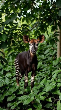 Okapi emerging from lush greenery in vibrant forest with intriguing movement and natural expression