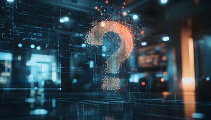 Futuristic question mark, digital interface, modern office background, unresolved query