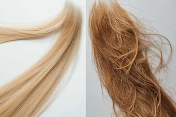 Obraz premium Comparison of healthy smooth hair compared to brittle damaged hair for hair care awareness and education. Generative AI