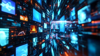 Digital wall displays with data streams, tunnel effect, information overload