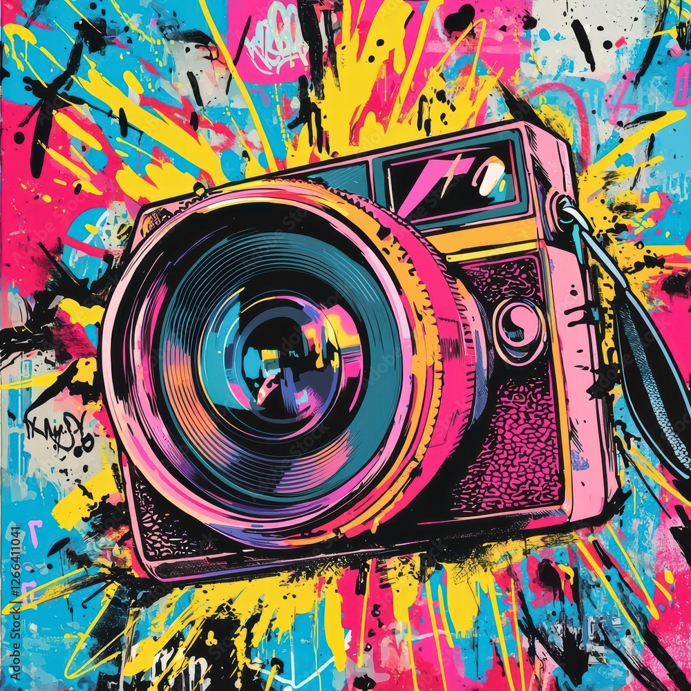 Poster camera splash: a retro camera explodes with a riot of colorful paint, creating a vibrant and energet