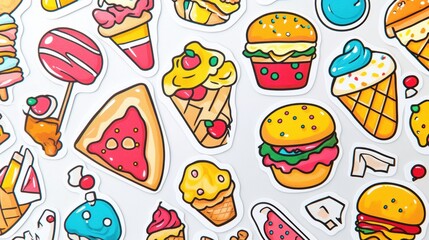 Colorful playful food stickers featuring pizza slices, ice cream cones, and burgers for creative projects. Generative AI